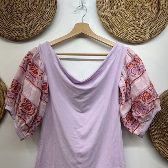 Free People Purple Boho Bohemian Embroidered Short Puff Sleeve Top Small - Picture 3 of 7
